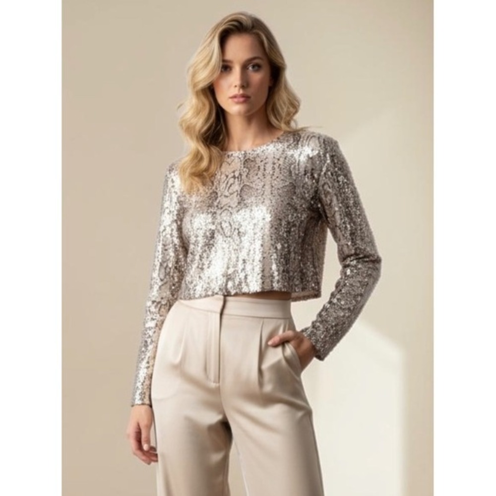 Olivaceous Snakeskin Sequin Crop Top Long Sleeve Back Zip Tan Brown Silver Small